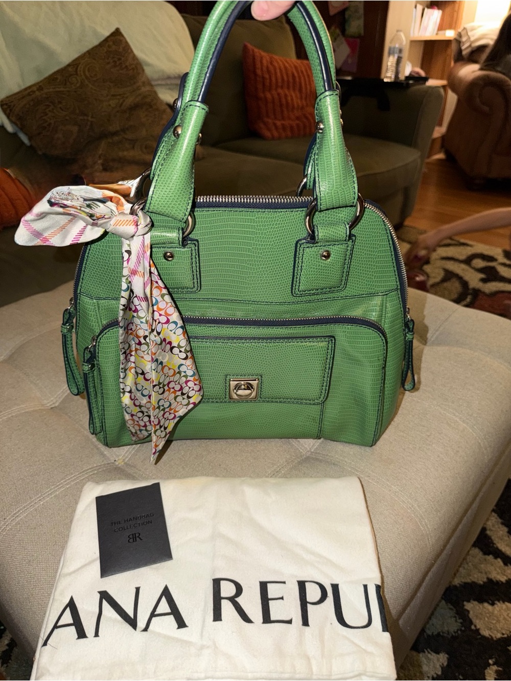 Banana Republic Lime Green Textured Satchel with Scarf Accent